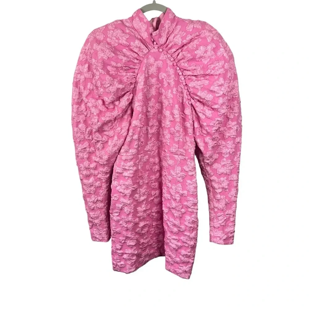 Textured Pink Puff-Sleeve Mini Dress - Picture 3 of 16